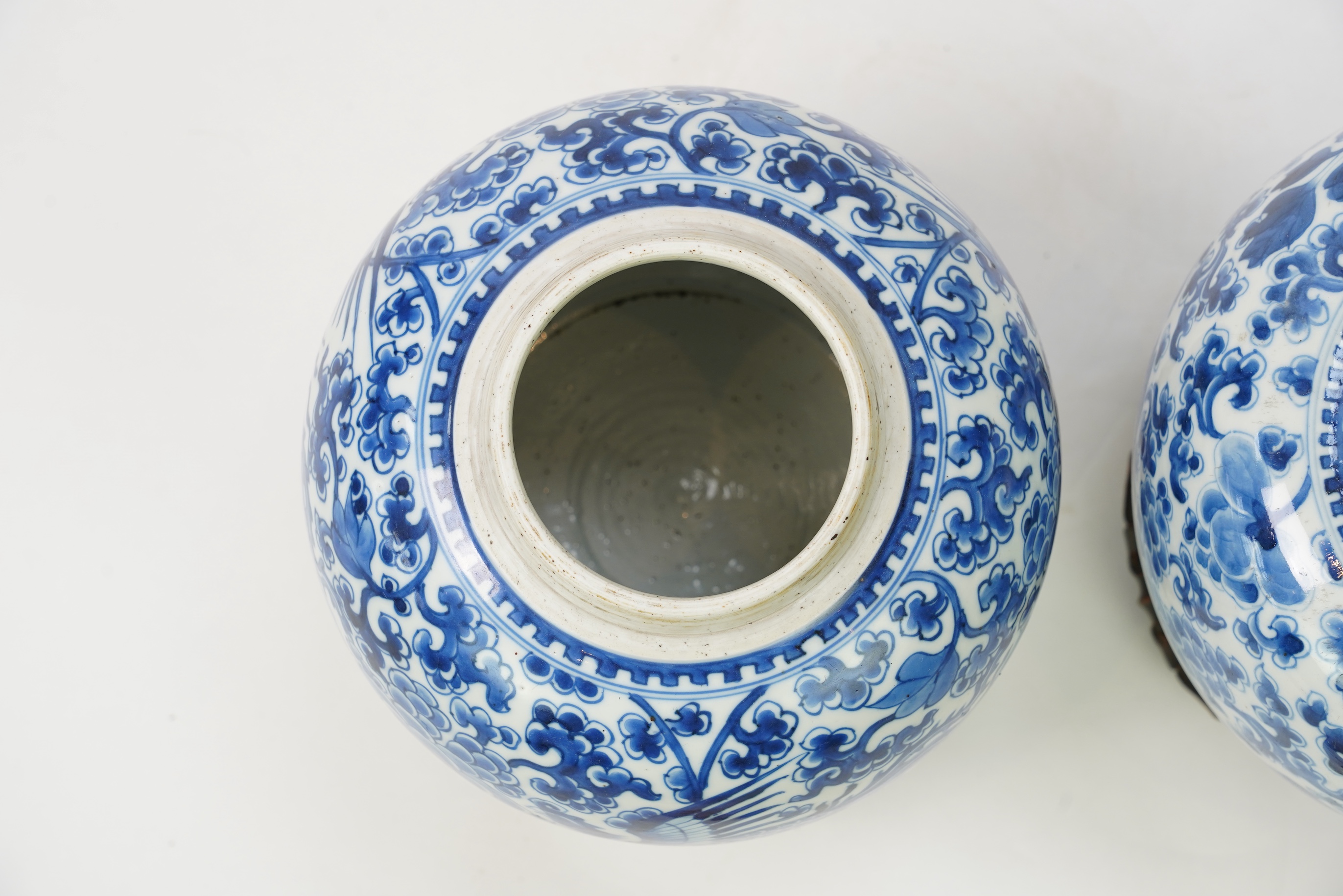 A pair of Chinese blue and white ‘phoenix’ jars, Kangxi period